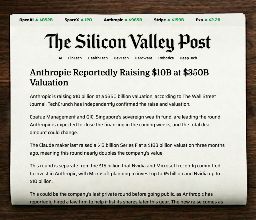 Anthropic Reportedly Raising $10B at $350B Valuation